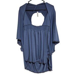 Blue Knit Swim Cover Up Womens Plus Size 22 24 Open Back Crochet Trim Summer